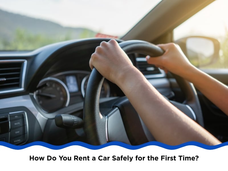 Person driving a car with both hands on the wheel – how do you rent a car safely.