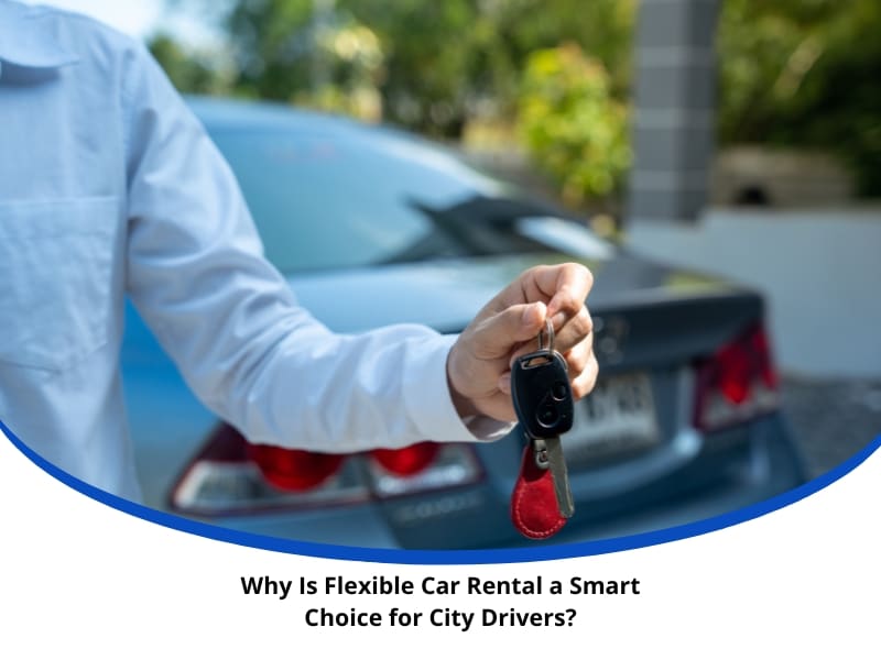 Man holding car keys beside parked vehicle – Flexible Car Rental concept