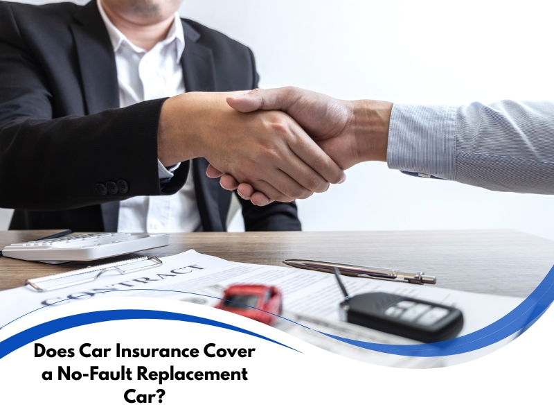 Two people shaking hands over insurance documents and car keys, discussing a car insurance no fault accident replacement vehicle.